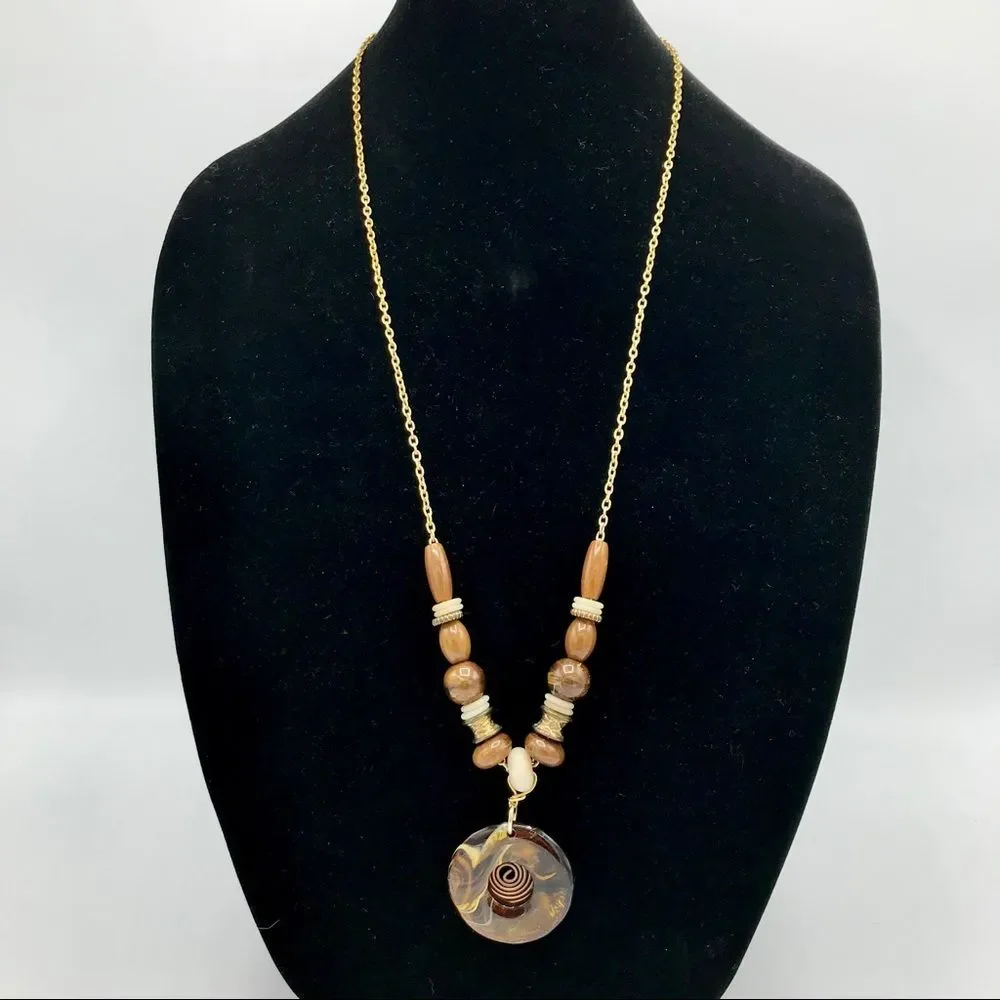Long Necklace Gold Tone Brown Round Metal Swirl Pendant Beaded Bohemian